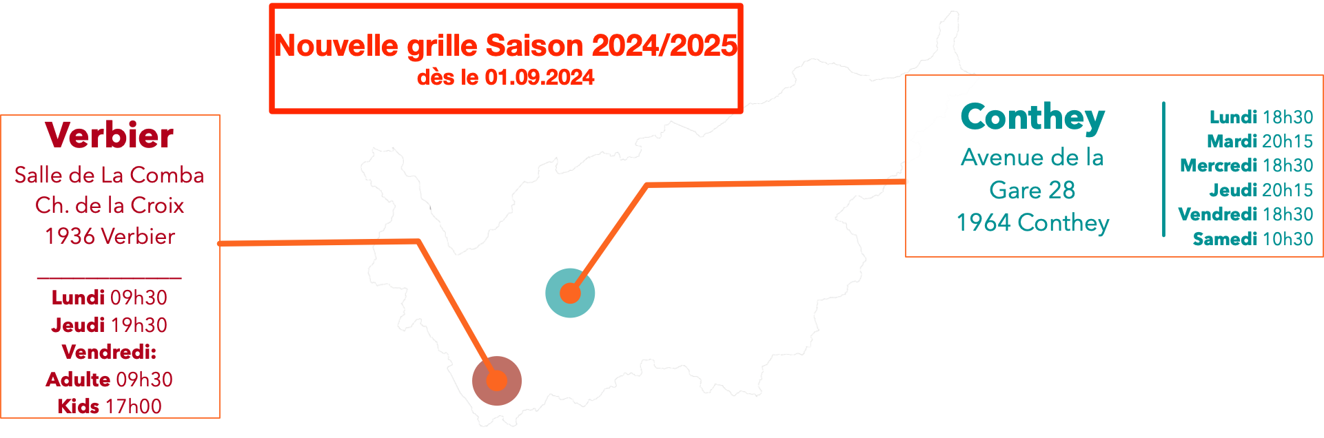 Horaires d'entraînements pour salles de Conthey, Monthey et Sierre